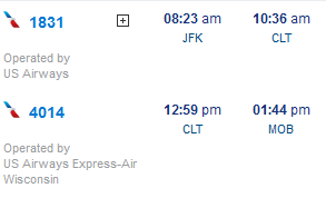 JFK-CLT-MOB itinerary screenshot