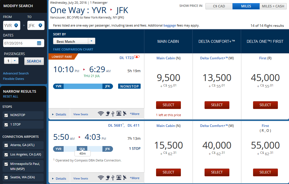 Skymiles Award Chart 2016