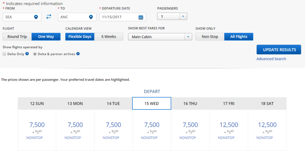 SkyMiles award chart for Anchorage