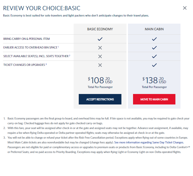 Delta basic economy warning