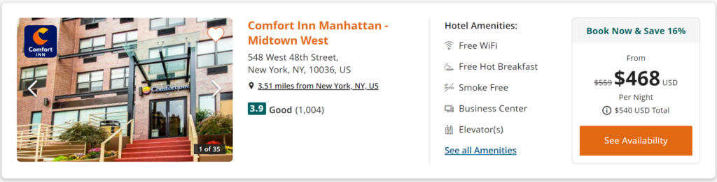 $540 per night rate for a Comfort Inn, Midtown West Manhattan